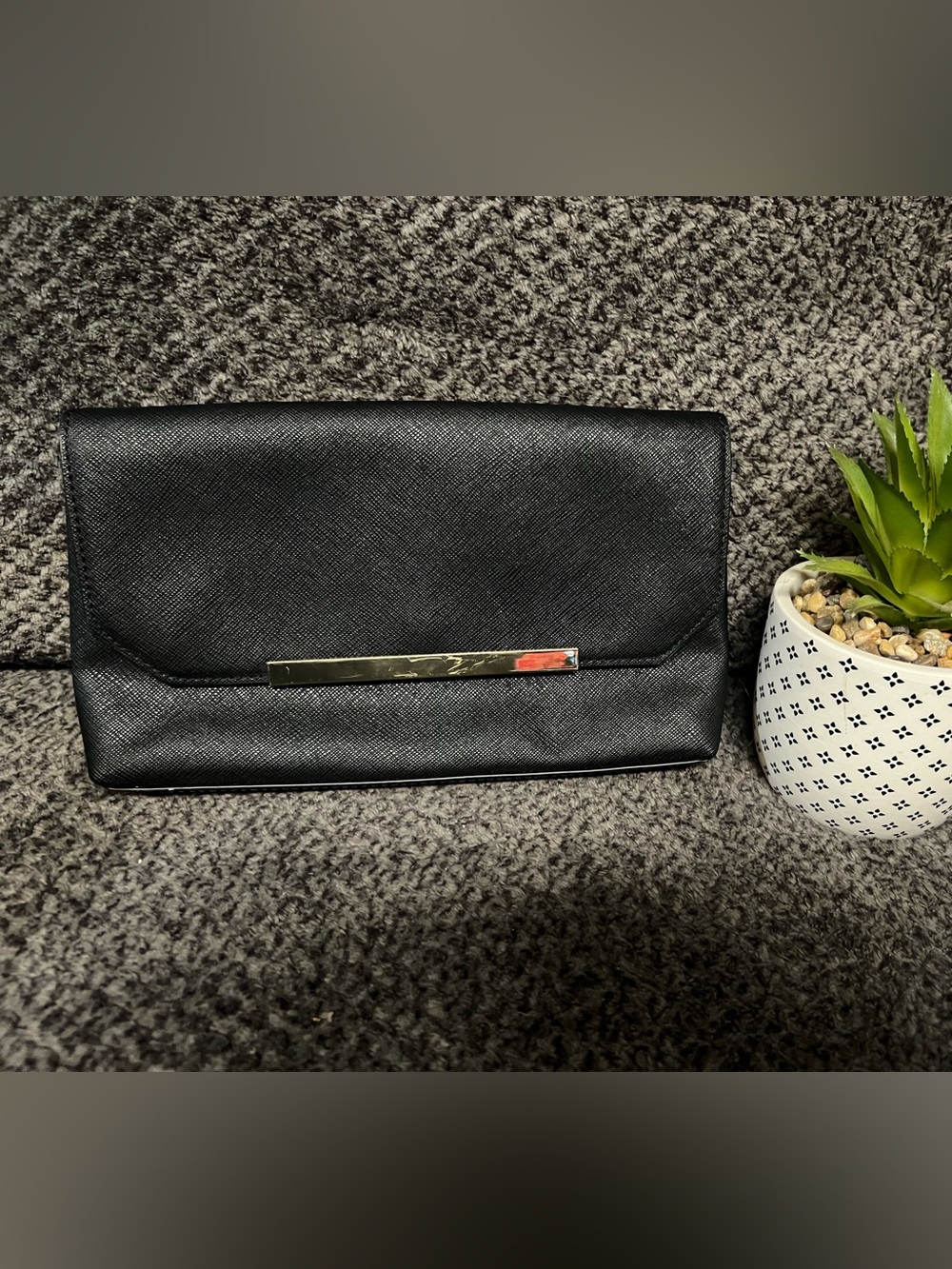 J. Crew Black Textured Envelope Clutch with Gold Bar Accent